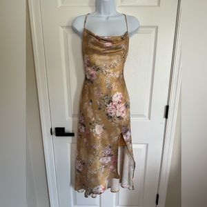 ASTR Gaia Floral Midi Dress yellow gold slip,